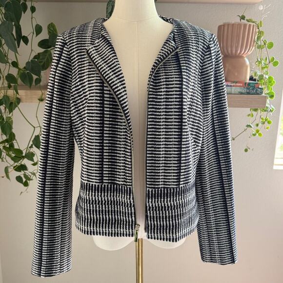 DKNY Black White Striped Front Zip Jacket Size 12 Preppy Workwear Classic - Picture 1 of 9